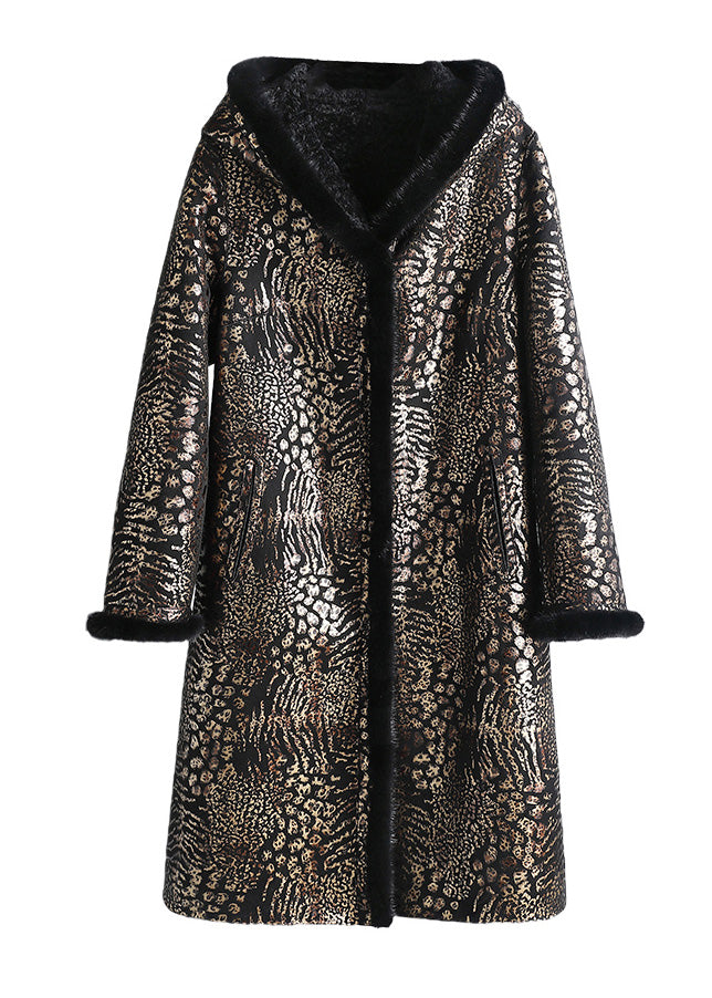 Print Button Mink Velvet Leather and Fur Hooded Coats Winter