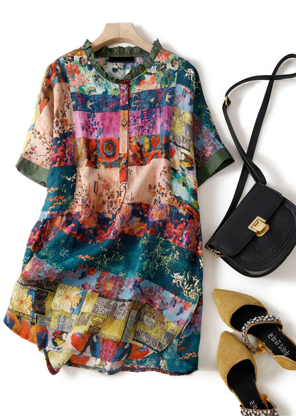 Print Button Side Open Linen Shirts Short Sleeve