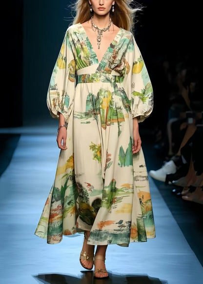 Print Exra Large Hem Cotton Long Dress Spring