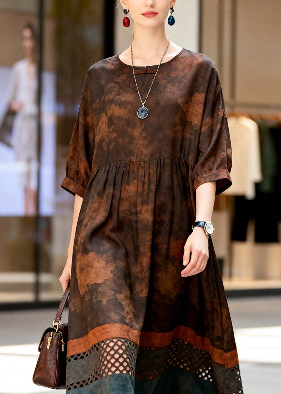 Print Hollow Out Patchwork Cotton Dress Summer