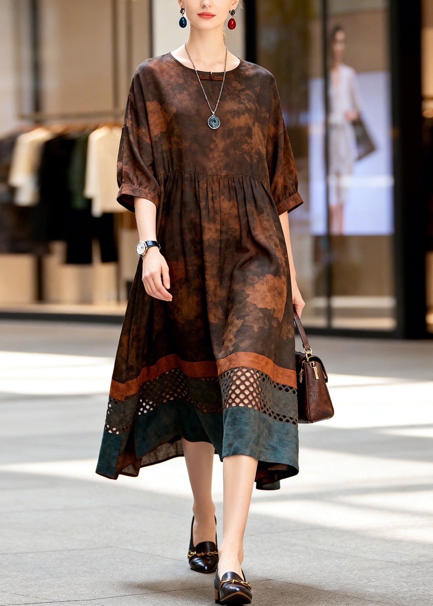 Print Hollow Out Patchwork Cotton Dress Summer