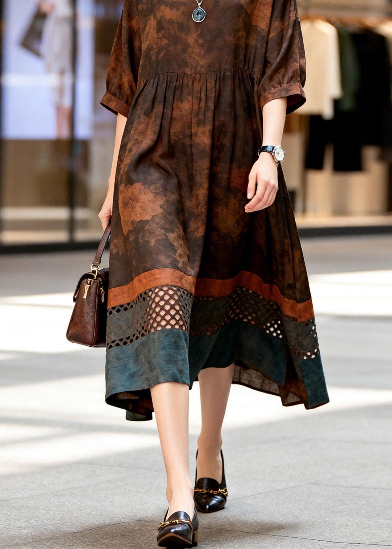 Print Hollow Out Patchwork Cotton Dress Summer
