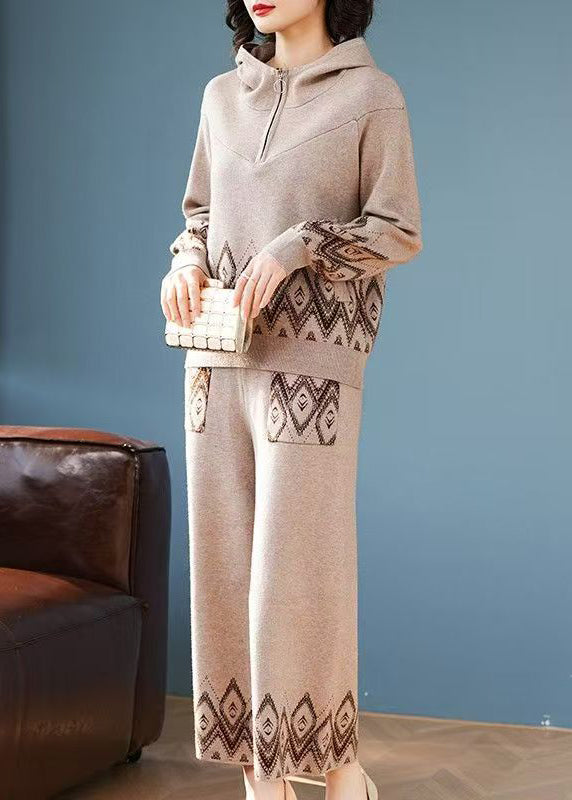 Print Patchwork Cotton Knit Hooded Coats and Wide Leg Pants Two Pieces Set Spring