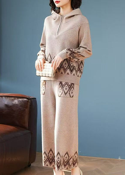 Print Patchwork Cotton Knit Hooded Coats and Wide Leg Pants Two Pieces Set Spring