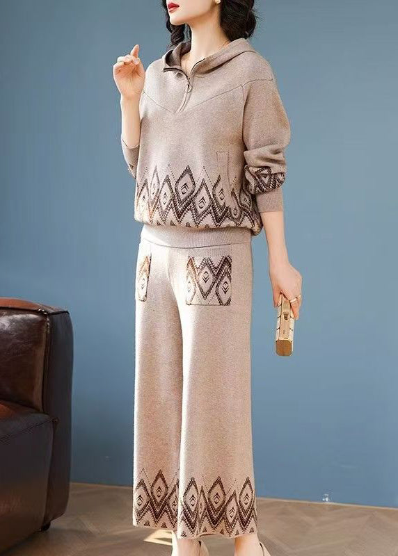 Print Patchwork Cotton Knit Hooded Coats and Wide Leg Pants Two Pieces Set Spring