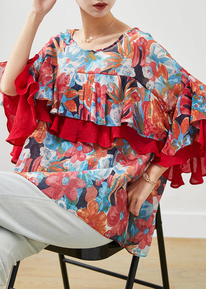 Print Patchwork Ruffles Chiffon Blouses Spring