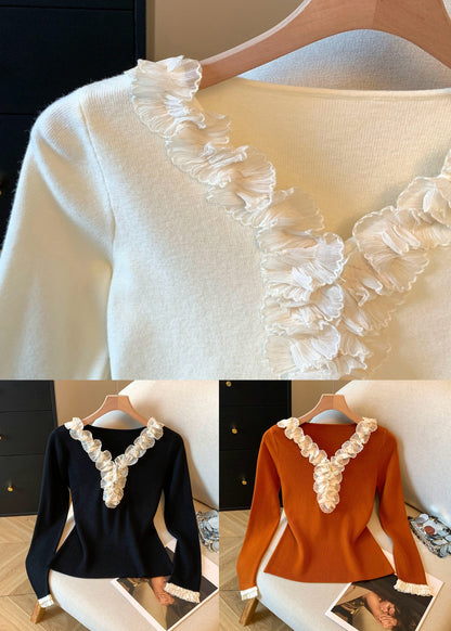 Women Pumpkin Color V Neck Ruffled Patchwork Knitting Cotton T Shirt Fall