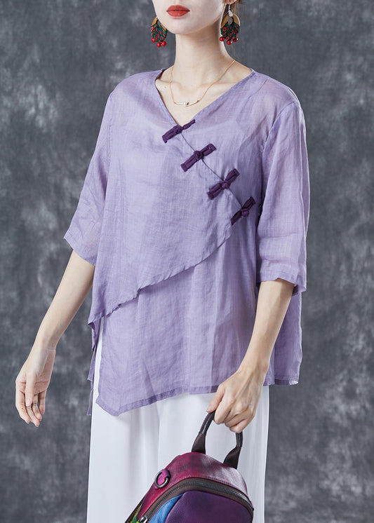 Purple Asymmetrical Chinese Button Linen Blouse Tops Summer