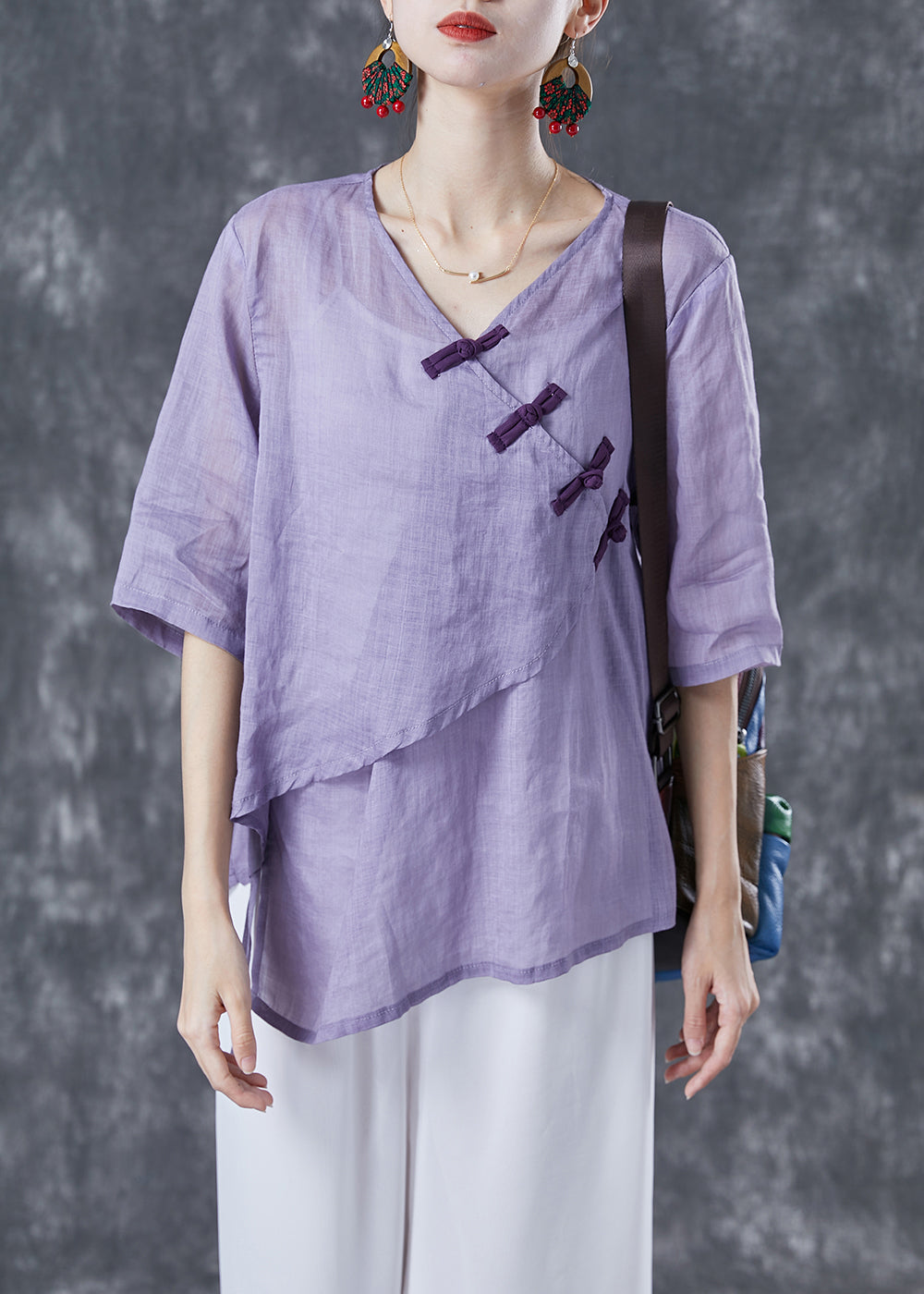 Purple Asymmetrical Chinese Button Linen Blouse Tops Summer