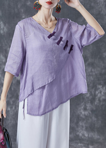 Purple Asymmetrical Chinese Button Linen Blouse Tops Summer