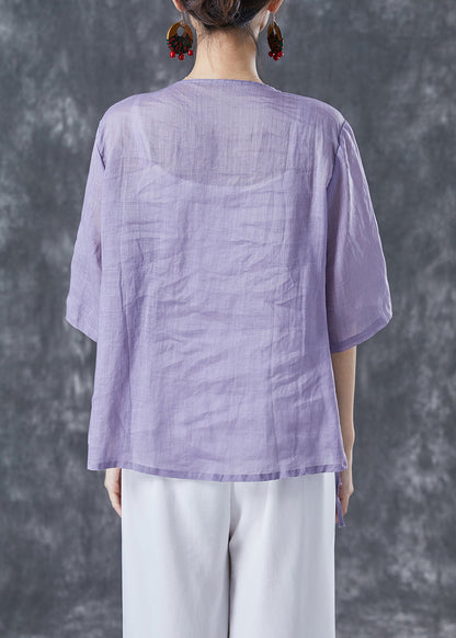 Purple Asymmetrical Chinese Button Linen Blouse Tops Summer