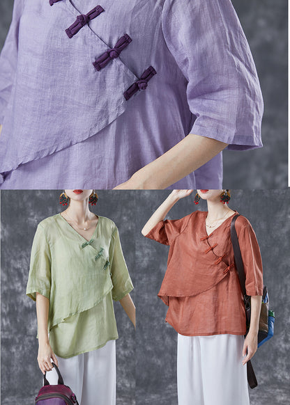 Purple Asymmetrical Chinese Button Linen Blouse Tops Summer