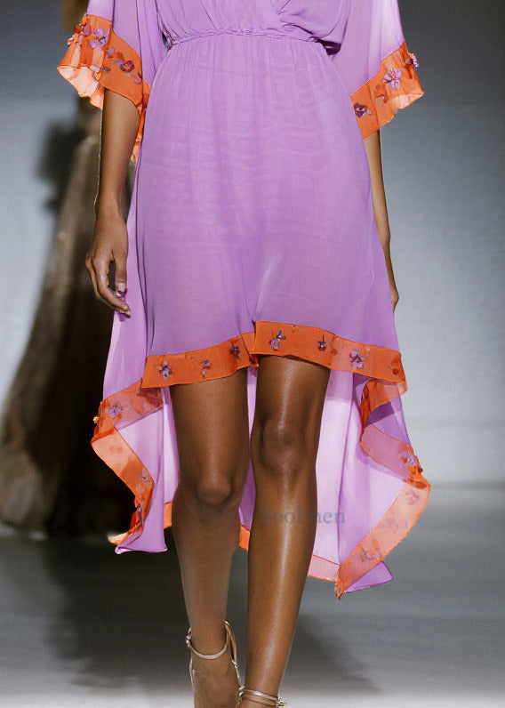Purple Asymmetrical Patchwork Chiffon Dress Summer