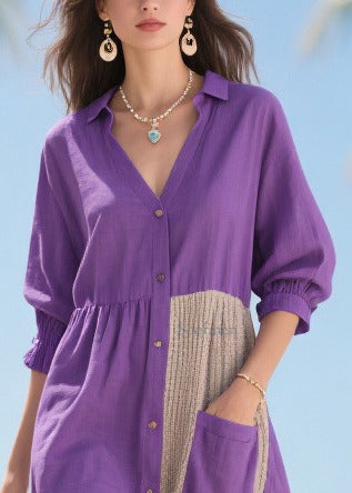 Purple Asymmetrical Patchwork Cotton Dresses Summer