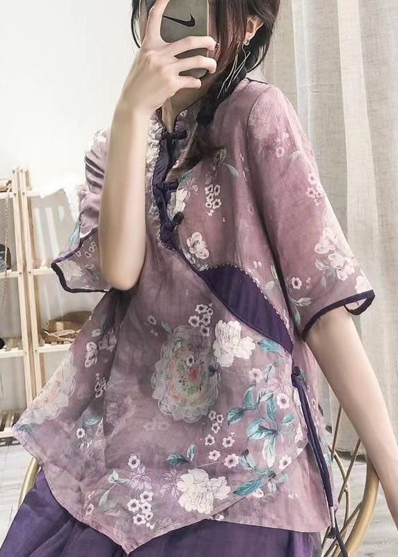 Purple Button Print Shirt Tops Half Sleeve