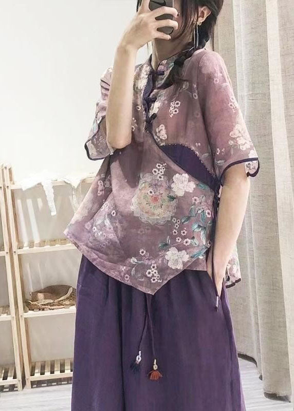 Purple Button Print Shirt Tops Half Sleeve
