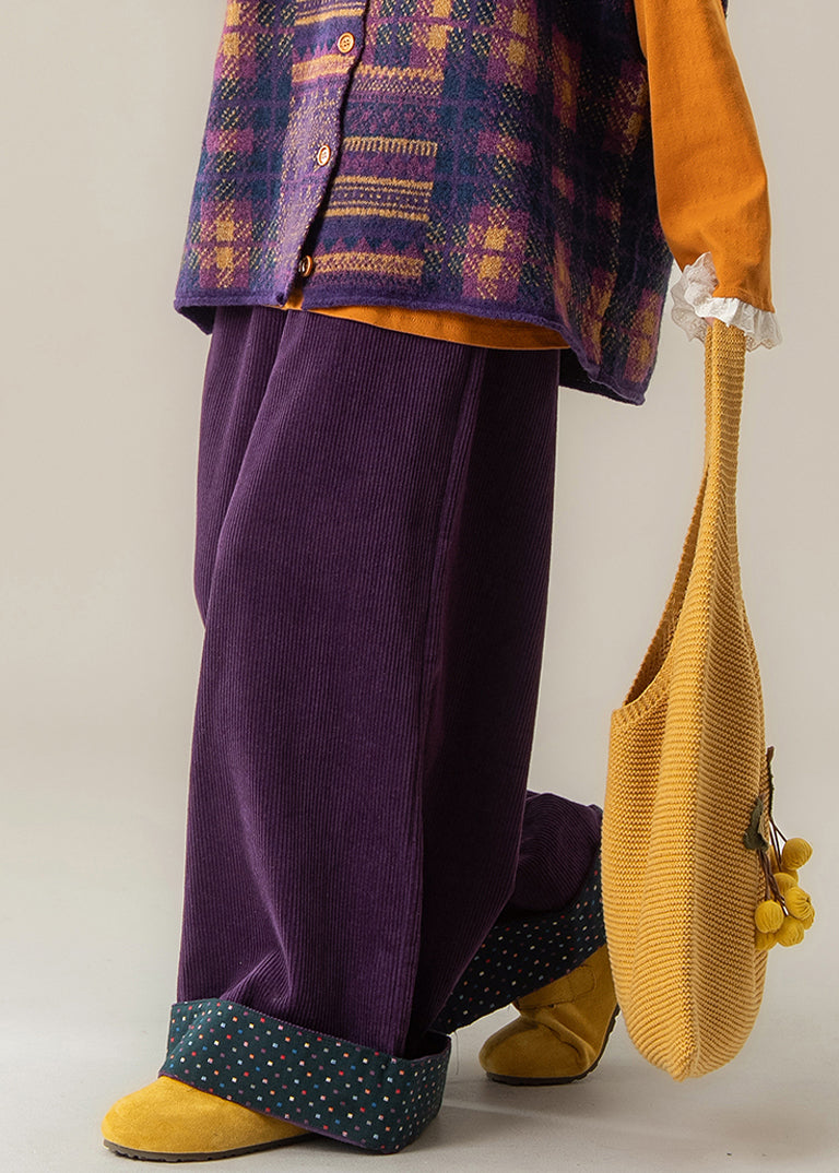 Purple Dot Elastic Waist Wide Leg Pants Fall