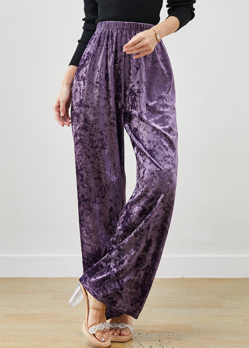 Purple Elastic Waist Silk Velvet Straight Pants Spring
