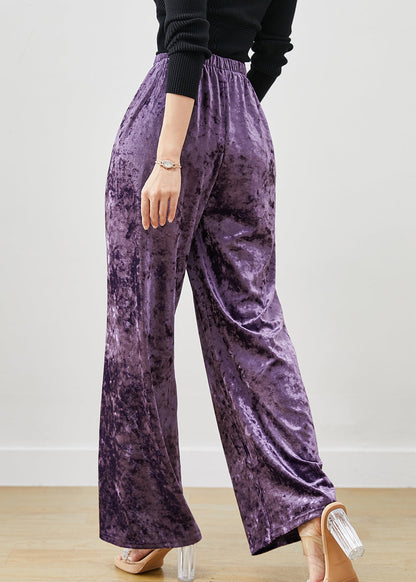 Purple Elastic Waist Silk Velvet Straight Pants Spring