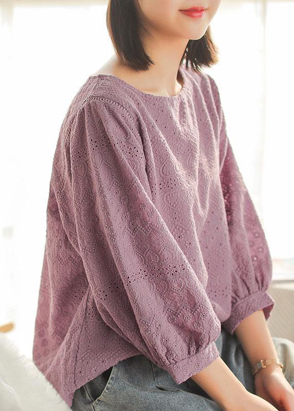 Women Purple Embroideried Lantern sleeve Asymmetrical design Cotton Blouse Top Summer