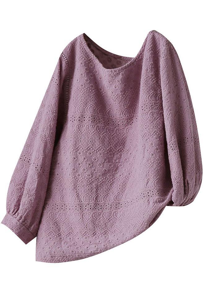 Purple Embroideried Lantern Sleeve Asymmetrical Design Cotton Blouse Top Summer