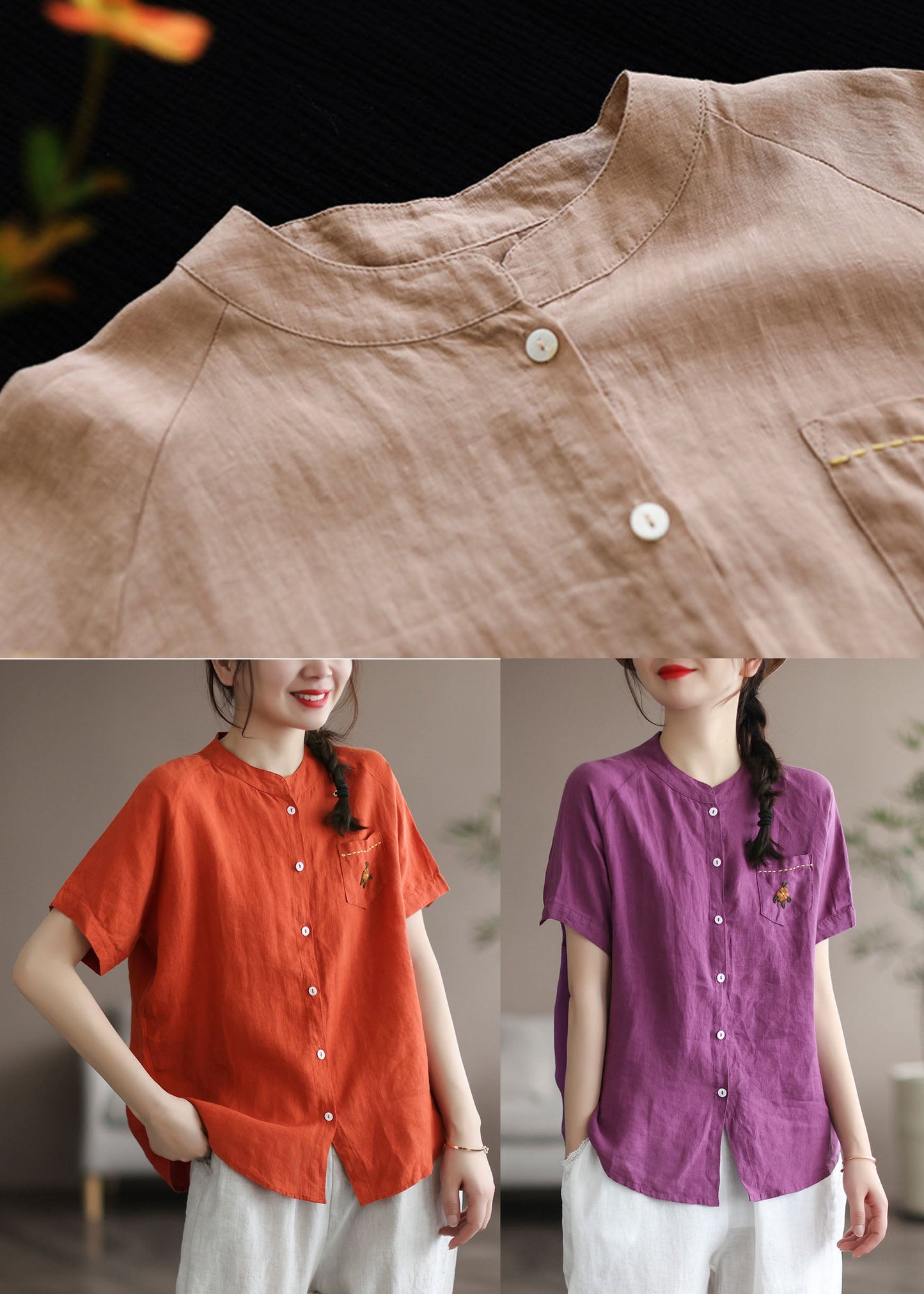 Purple Embroideried Pocket Linen Shirt Top Short Sleeve