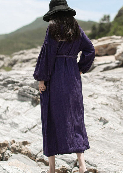 Purple Embroideried Pockets Corduroy Dress Spring