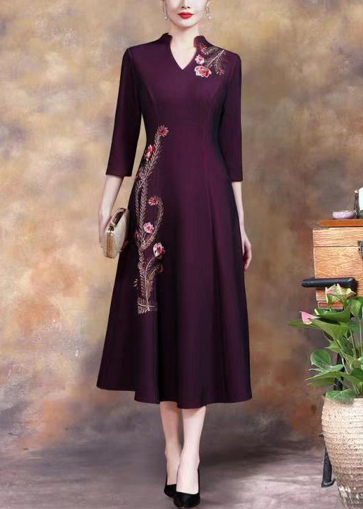 Purple Embroidered Sequins Cotton Long Dress Fall