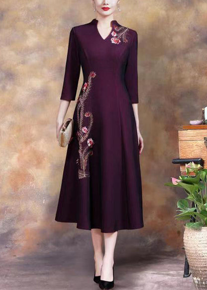 Purple Embroidered Sequins Cotton Long Dress Fall