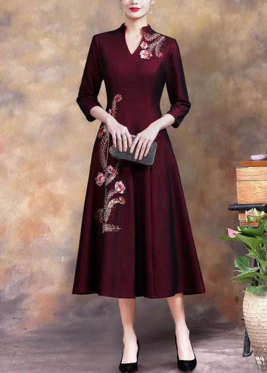 Purple Embroidered Sequins Cotton Long Dress Fall