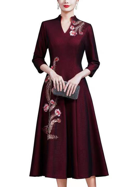 Purple Embroidered Sequins Cotton Long Dress Fall