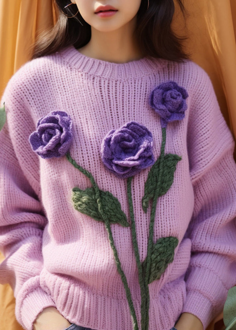 Purple Hollow Out Knit Sweaters Spring