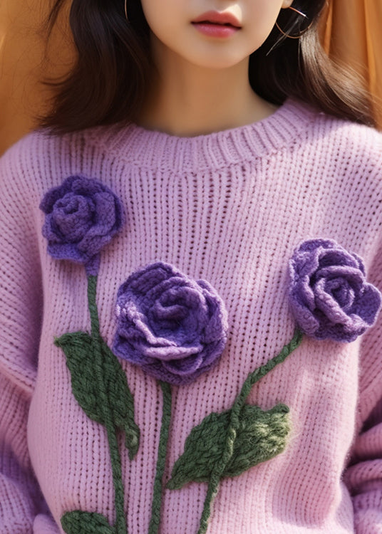 Purple Hollow Out Knit Sweaters Spring