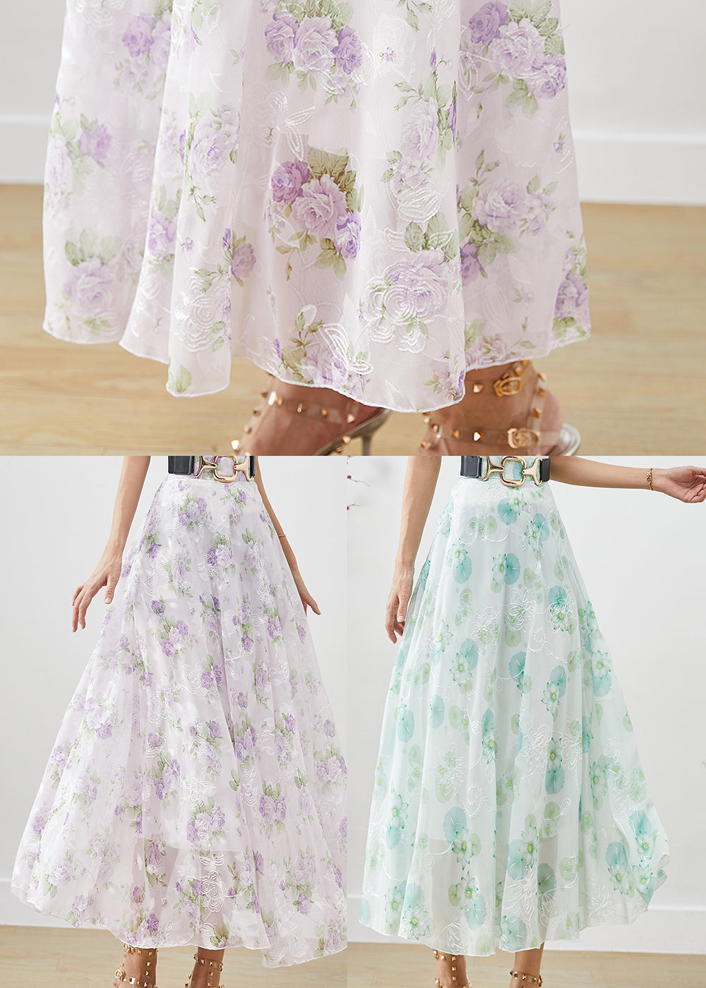 Purple Print Chiffon a Line Skirts Fall