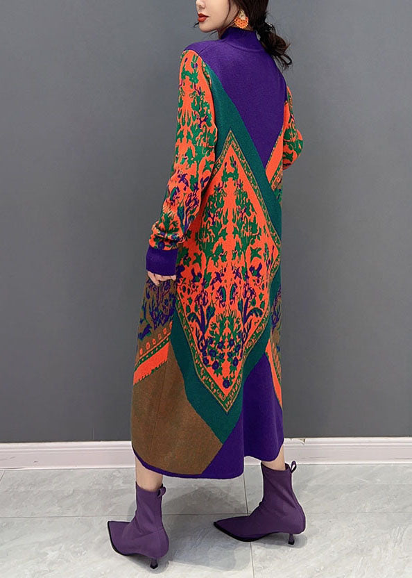 Purple Hign Neck Oversized Print Knit Sweater Dress Winter