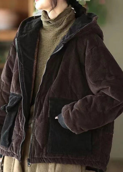 Purple Hooded Pockets Corduroy Fleece Wool Lined Jacket Winter