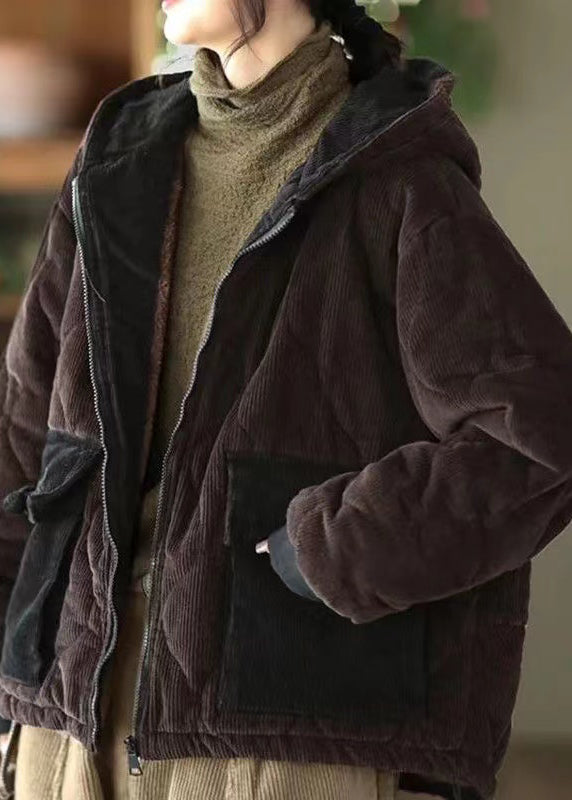 Purple Hooded Pockets Corduroy Fleece Wool Lined Jacket Winter