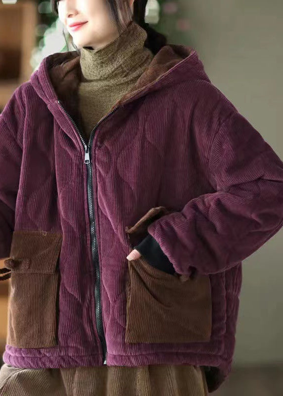 Purple Hooded Pockets Corduroy Fleece Wool Lined Jacket Winter