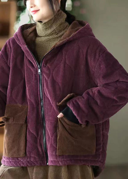 Purple Hooded Pockets Corduroy Fleece Wool Lined Jacket Winter