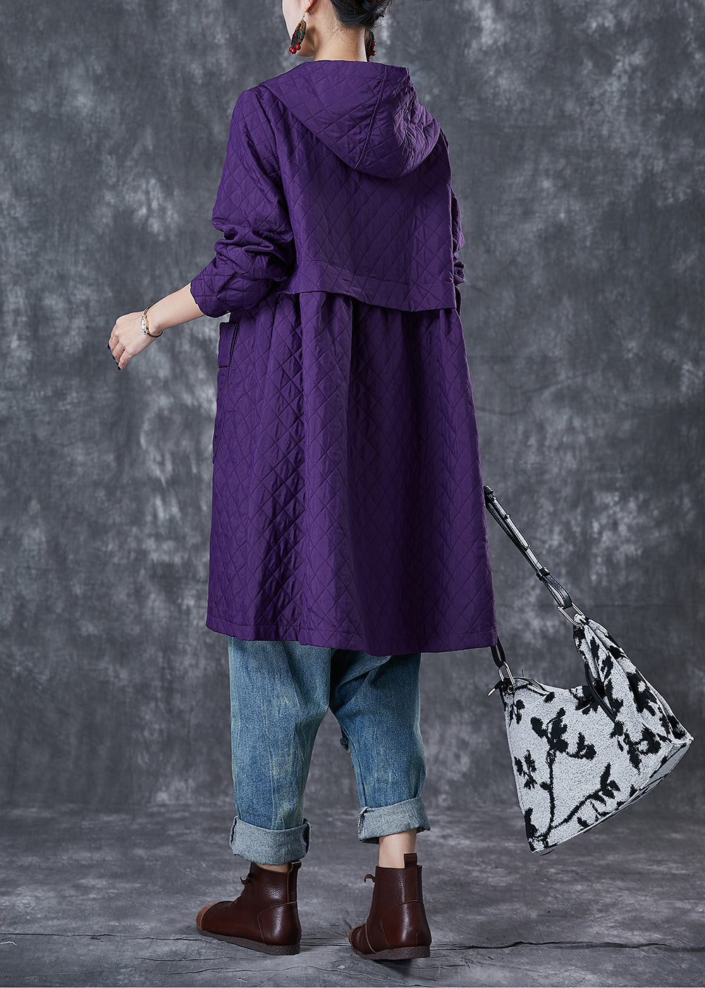 Purple Hooded Pockets Cotton Tench Coats Fall
