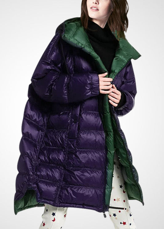 Purple Hooded Zippered Duck Down Puffer Coat Winter
