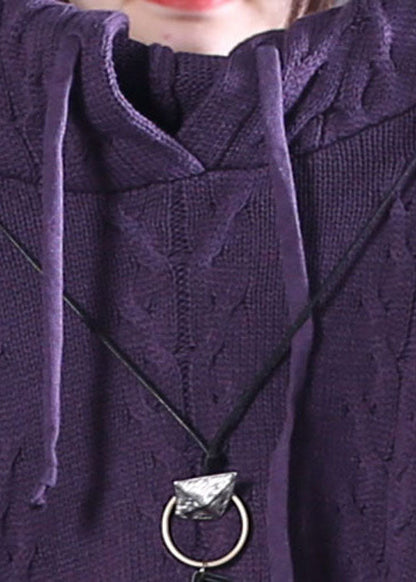 Purple Hooded Drawstring Knit Sweater Tops Spring