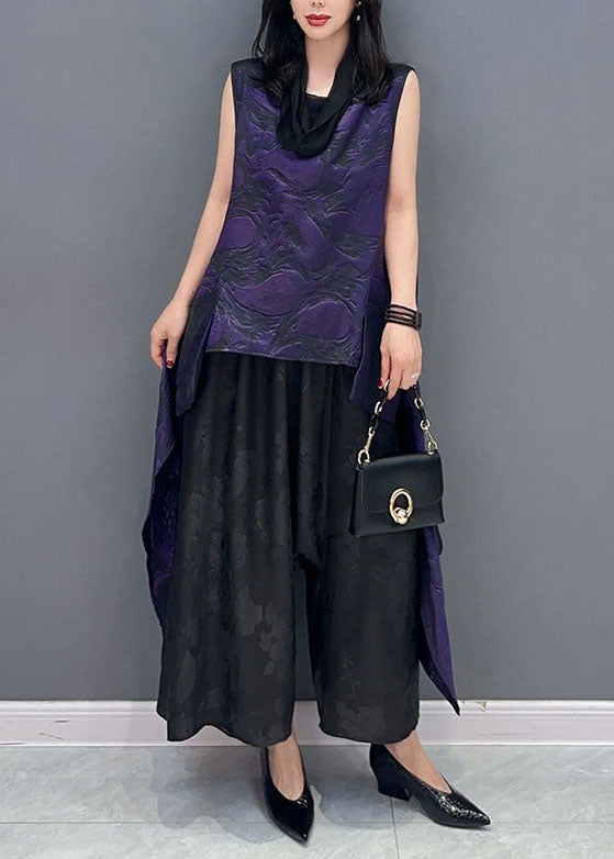 Purple Jacquard Asymmetrical Patchwork Cotton Tops Sleeveless