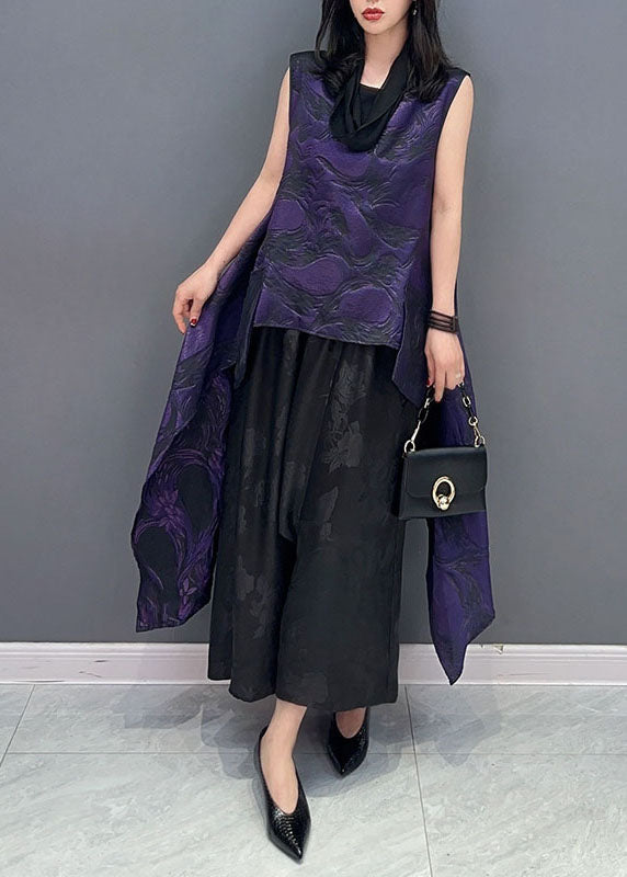 Purple Jacquard Asymmetrical Patchwork Cotton Tops Sleeveless