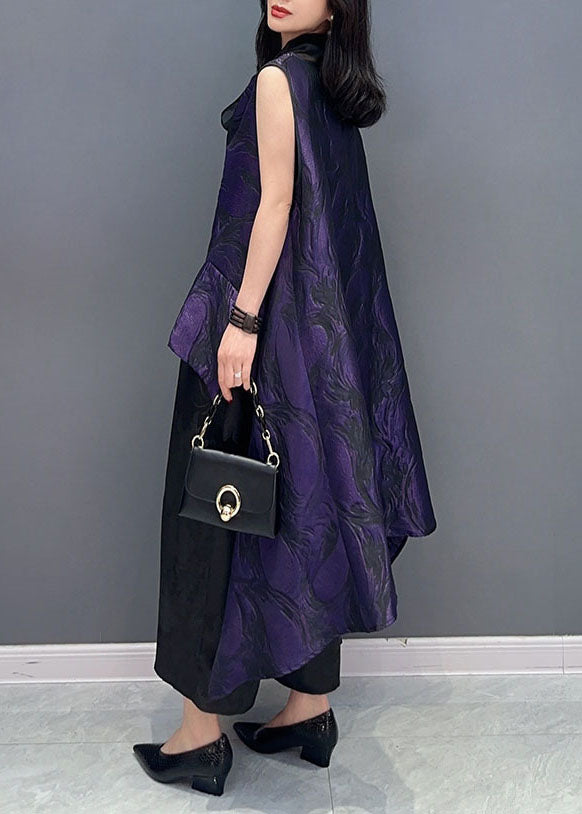 Purple Jacquard Asymmetrical Patchwork Cotton Tops Sleeveless