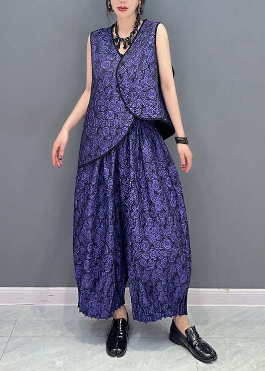 Purple Jacquard Vest and Pants Cotton Two Piece Set Summer