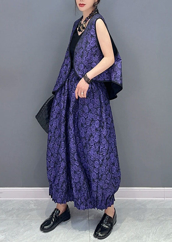 Purple Jacquard Vest and Pants Cotton Two Piece Set Summer