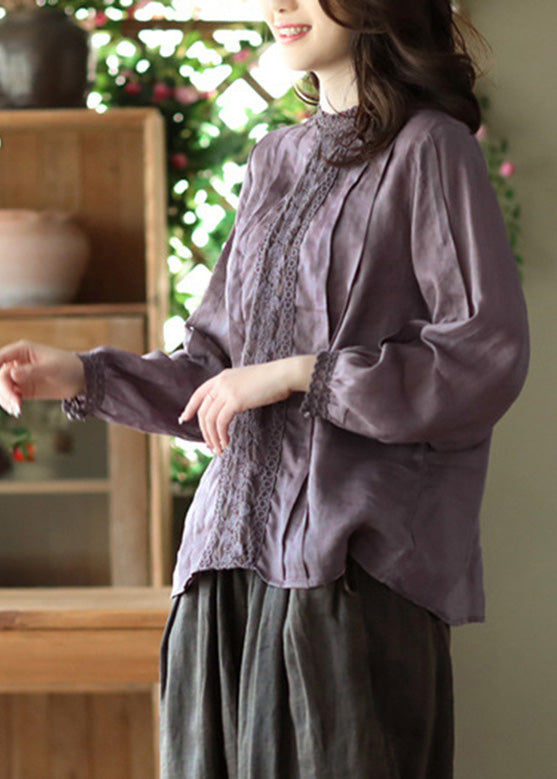 Purple Lace Patchwork Ramie Shirt Long Sleeve