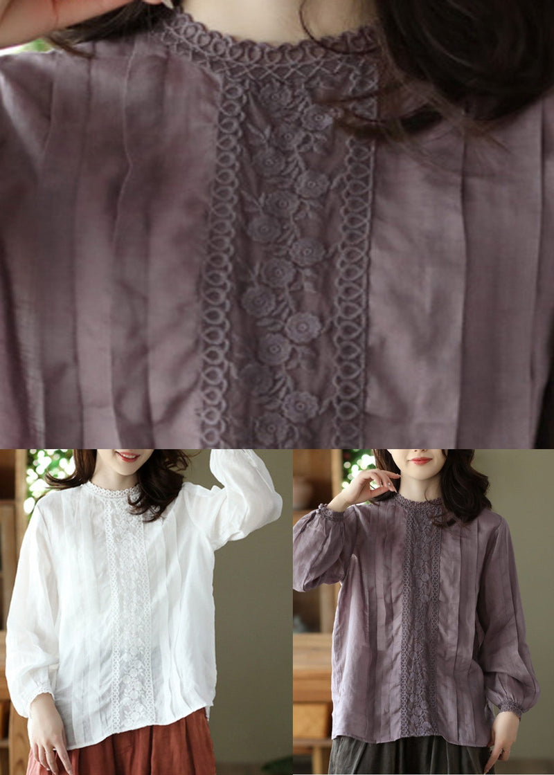 Purple Lace Patchwork Ramie Shirt Long Sleeve