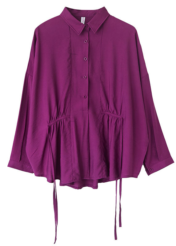 Women Purple Loose Button tie waist Fall Shirt Long sleeve